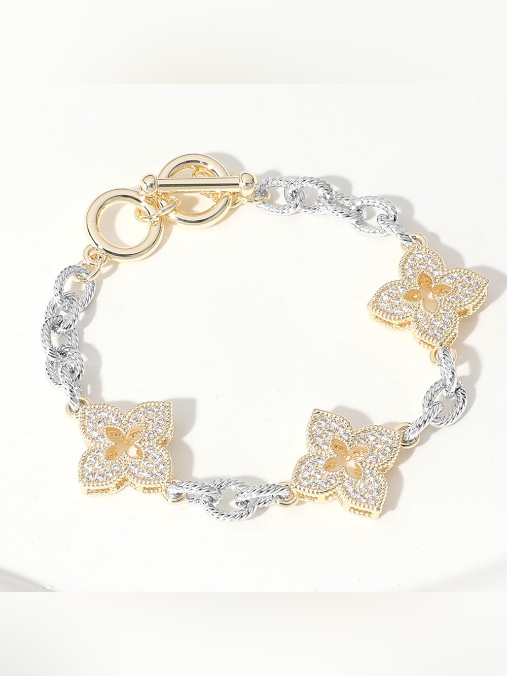 14K Gold Plated CZ Stone Paved Iris Pendant Link Toggle Bracelet